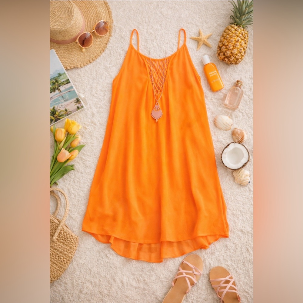 ReachMe Neon Orange Sheer Lined Mesh Back Swing Beach Dress ~ Size Small ~ NWOT - Picture 2 of 10